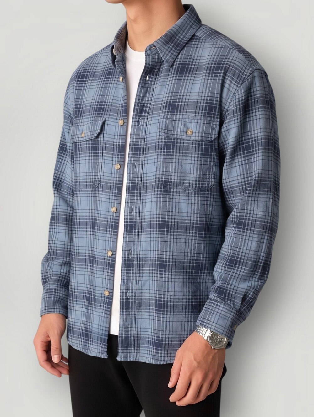 L.L.Bean Men's Plaid Button Down Shirt Large Blue Cotton Two Pocket Classic Prep